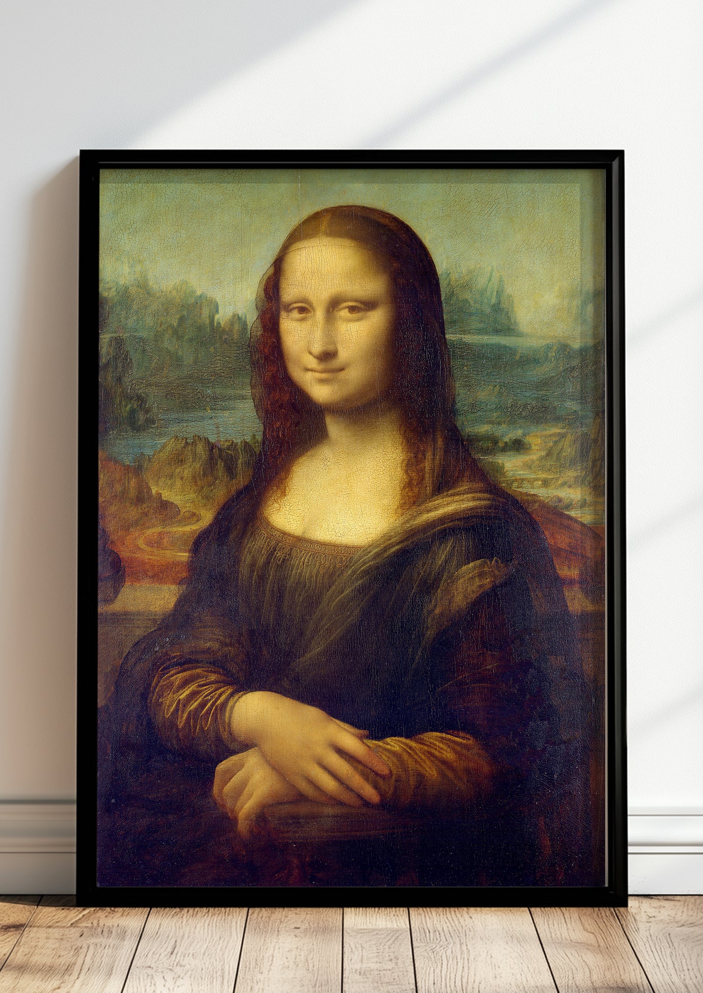 Mona Lisa von Leonardo da Vinci Kunstdruck im schwarzen Rahmen, an Wand gelehnt