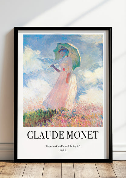 Woman with a Parasol, facing left von Claude Monet als Poster, in schwarzem Rahmen, stehend auf dem Boden, angelehnt an einer Wand