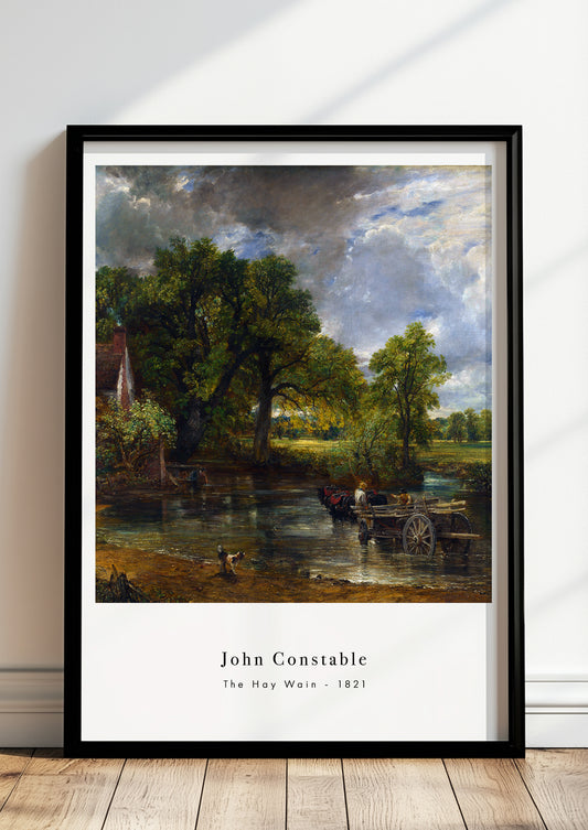 The Hay Wain von John Constable Kunstdruck im schwarzen Rahmen, an Wand gelehnt