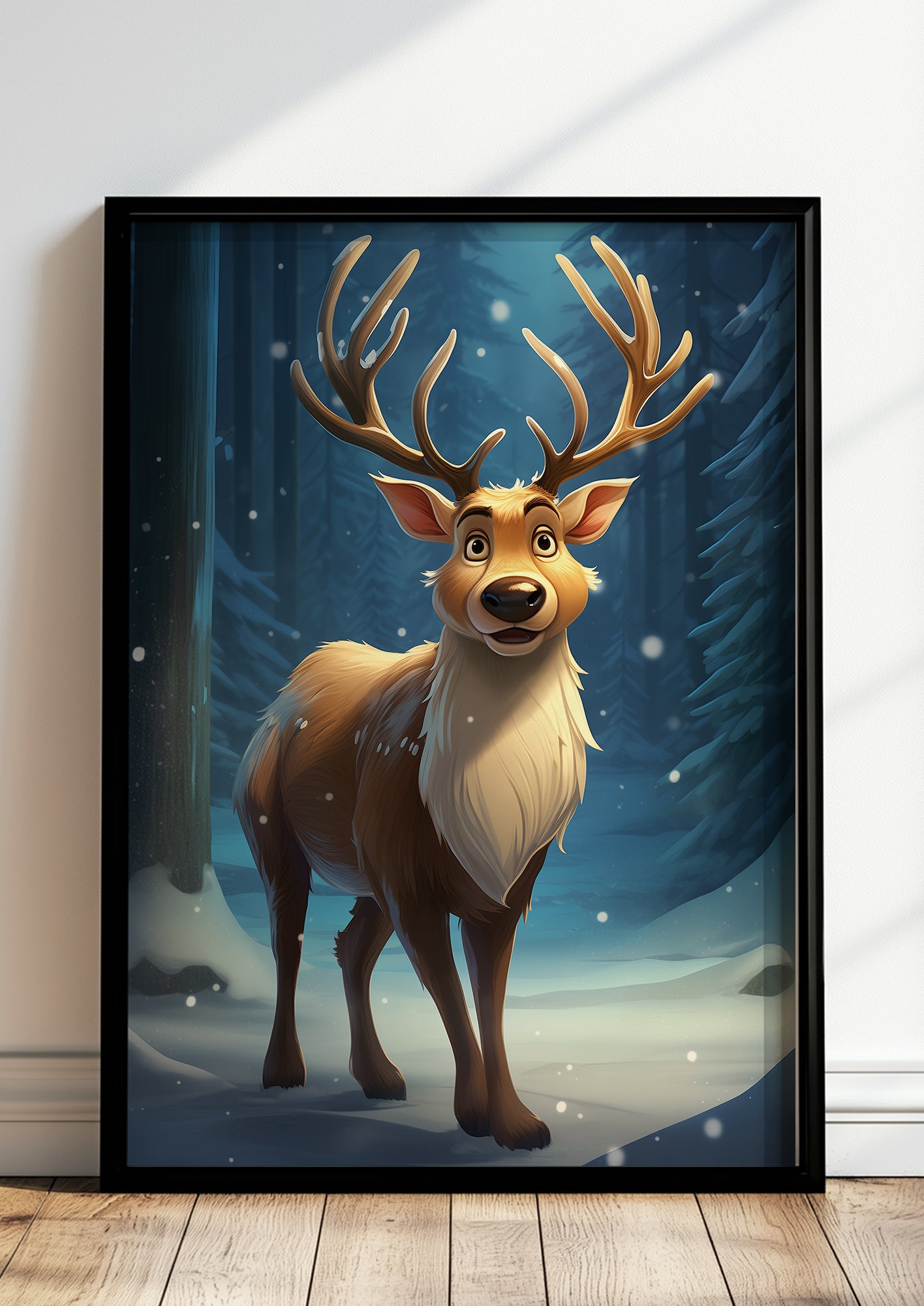 Rentierposter mit großem Geweih im schwarzen Holzrahmen, stehend auf dem Boden