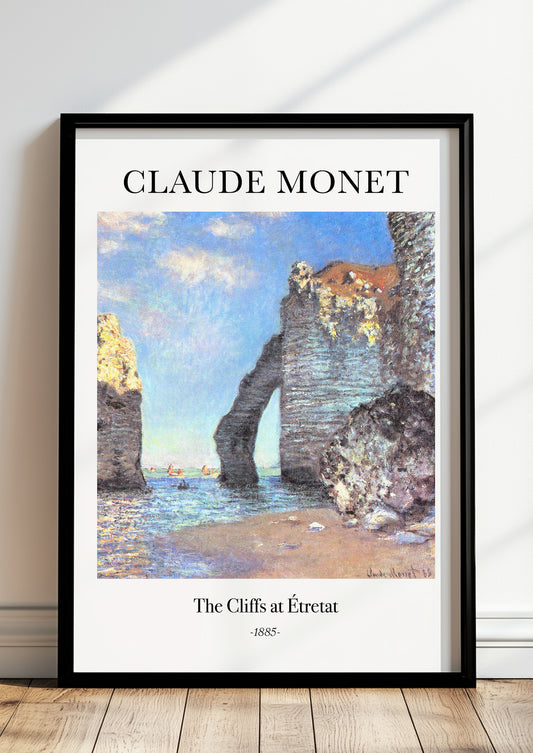 The Cliffs at Étretat von Claude Monet als Poster, in schwarzem Rahmen, stehend auf dem Boden, angelehnt an einer Wand