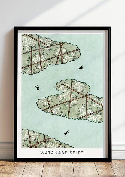 Sky Illustration von Watanabe Seitei als Poster, in schwarzem Rahmen, stehend auf dem Boden, angelehnt an einer Wand