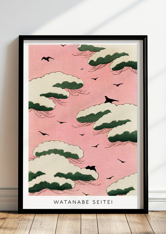 Pink Sky von Watanabe Seitei als Poster, in schwarzem Rahmen, stehend auf dem Boden, angelehnt an einer Wand