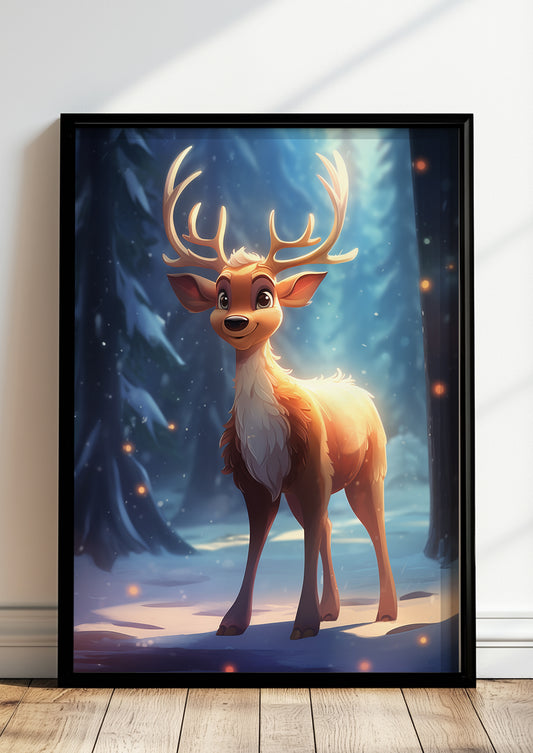 Rentierposter im goldenen Winterlicht im schwarzen Holzrahmen, stehend auf dem Boden