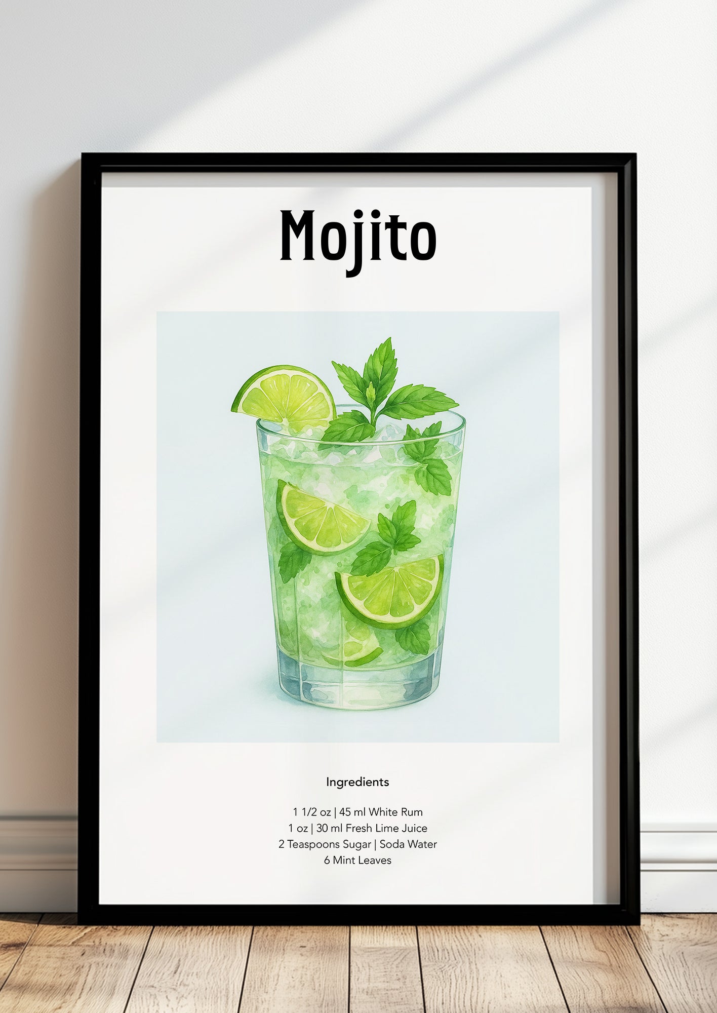 Gerahmtes Mojito-Poster auf heller Wand mit Küchenaccessoires und Pflanzen