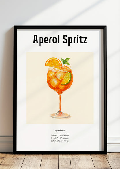 Aperol Spritz Poster im weißen Rahmen dekorativ aufgestellt vor neutralem Hintergrund
