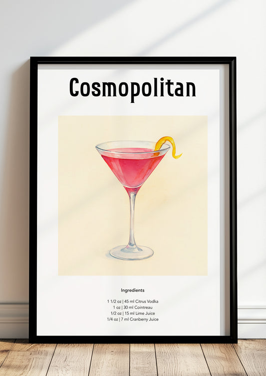 Gerahmtes Cosmopolitan-Poster lehnt auf dem Boden an einer weißen Wand