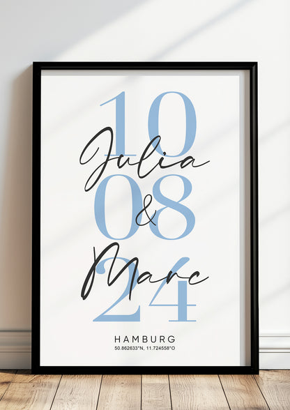 Hochzeits- / Paarbild mit Namen, Datum & Stadt - Personalisiert