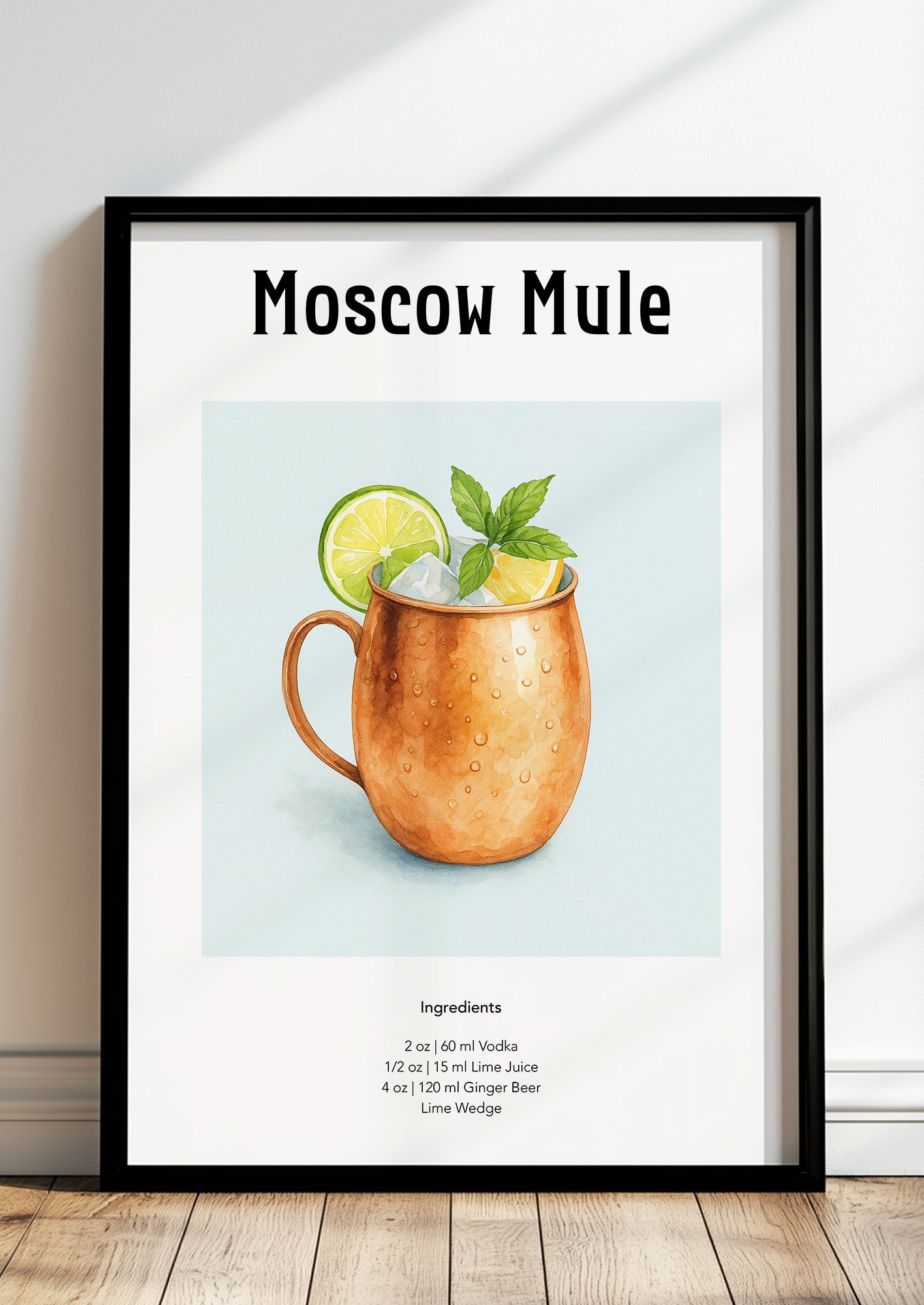 Gerahmtes Moscow Mule-Poster lehnt auf dem Boden an einer weißen Wand