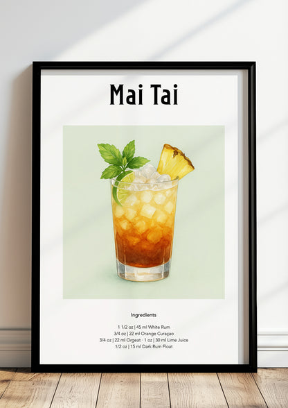 Gerahmtes Mai Tai-Poster lehnt auf dem Boden an einer hellen Wand