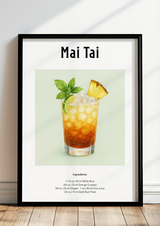 Gerahmtes Mai Tai-Poster lehnt auf dem Boden an einer hellen Wand