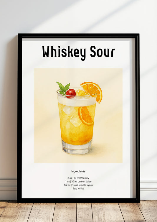 Gerahmtes Whiskey Sour-Poster lehnt auf dem Boden an einer hellen Wand