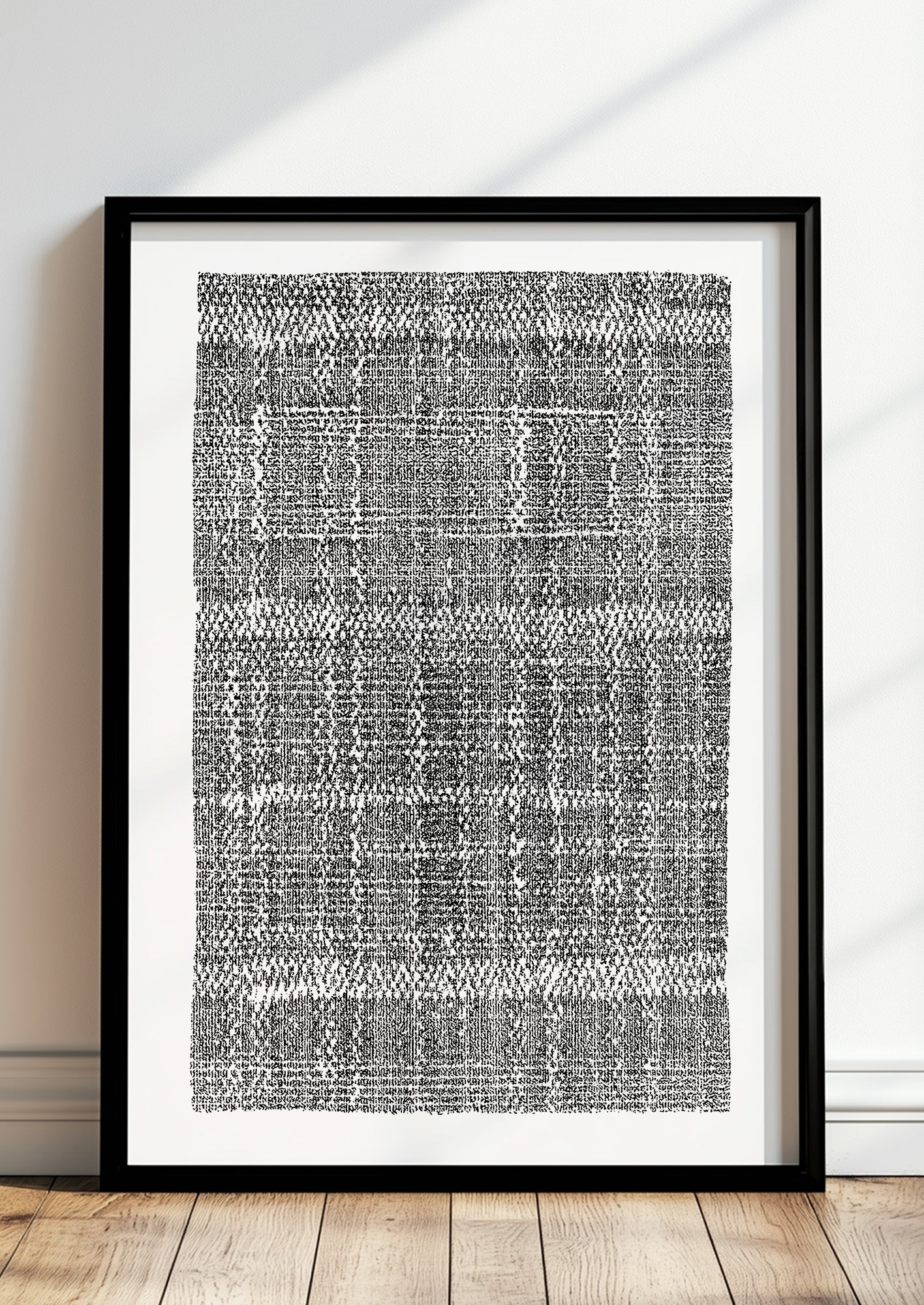 Abstrakte Grafik mit schwarzem Linienmuster in einem minimalistischen schwarzen Rahmen