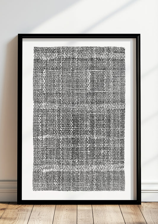 Abstrakte Grafik mit schwarzem Linienmuster in einem minimalistischen schwarzen Rahmen