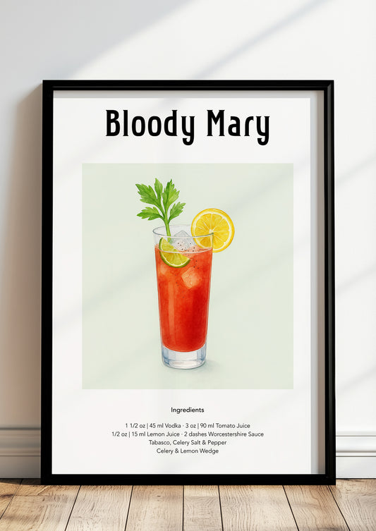 Aquarellillustration eines Bloody Mary mit Tomatensaft, Eis und Selleriestange