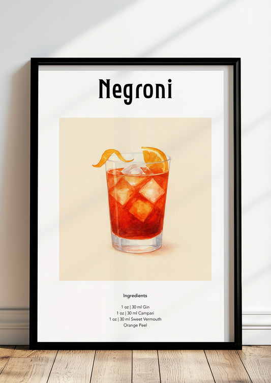 Negroni im Tumbler mit Eiswürfeln und Orangenzeste als Aquarellzeichnung