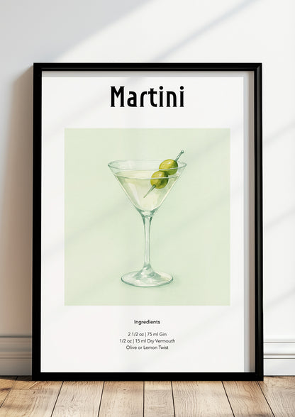 Poster mit Martini-Motiv in weißem Rahmen an Wand mit Baraccessoires