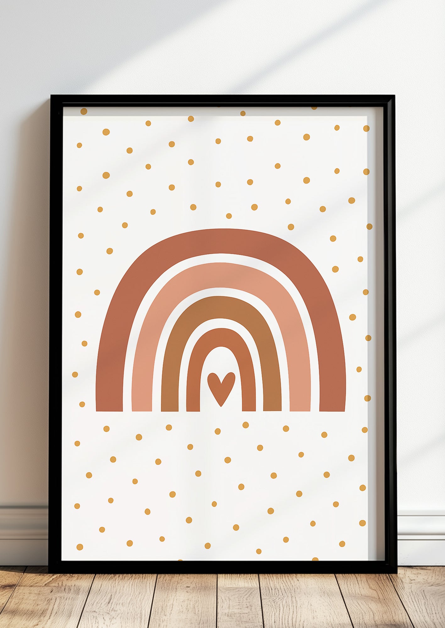 Kinderposter mit Boho-Regenbogen und Punkten, im modernen Rahmen