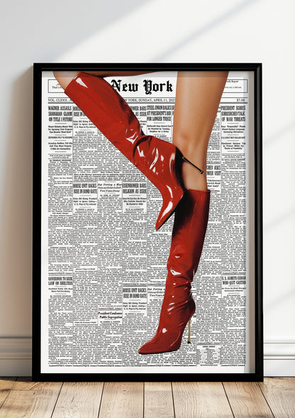 Poster Red High Heels Boots – Newspaper im schwarzen Holzrahmen stehend