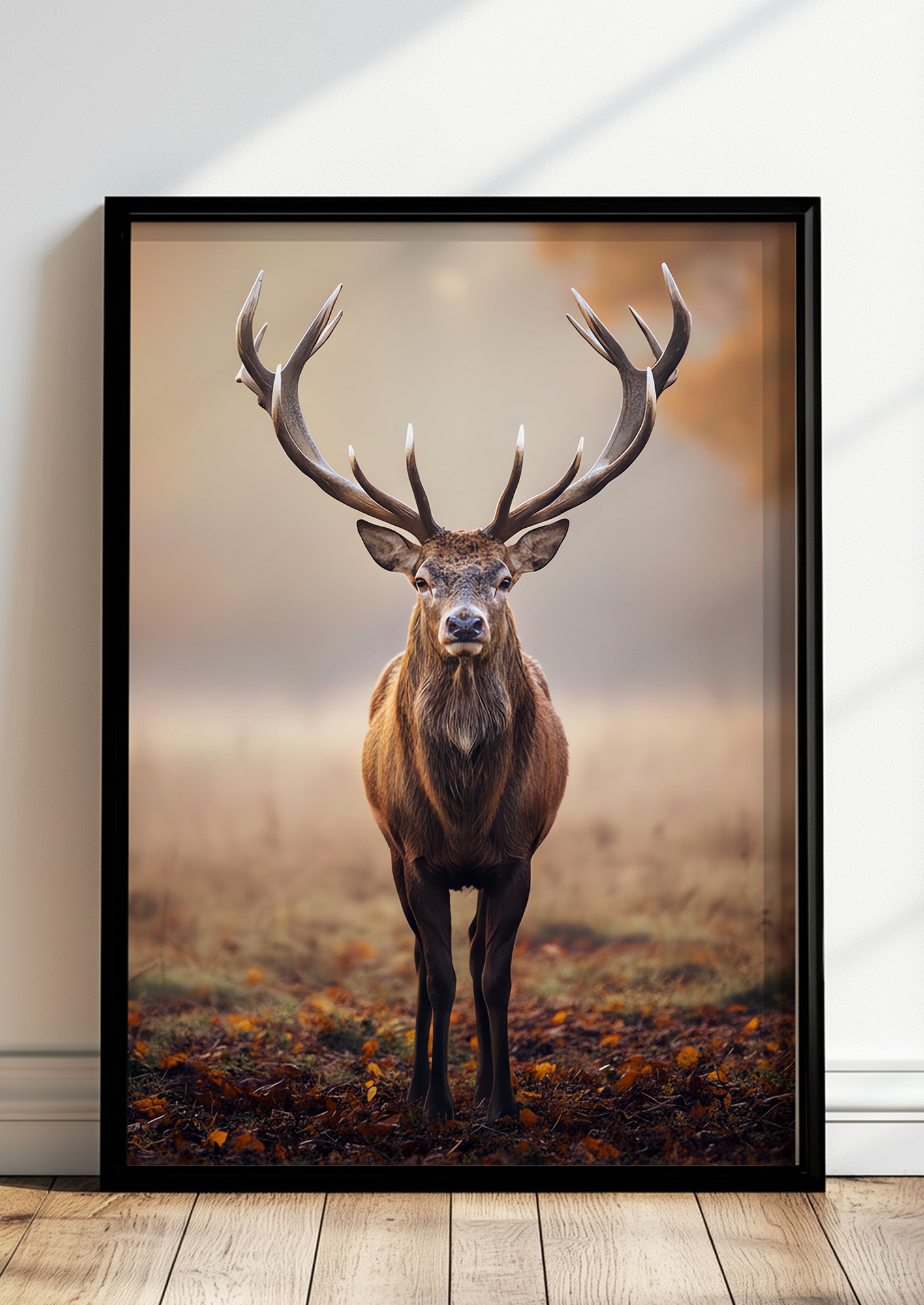 Poster Hirsch in Goldenem Licht im schwarzen Holzrahmen stehend