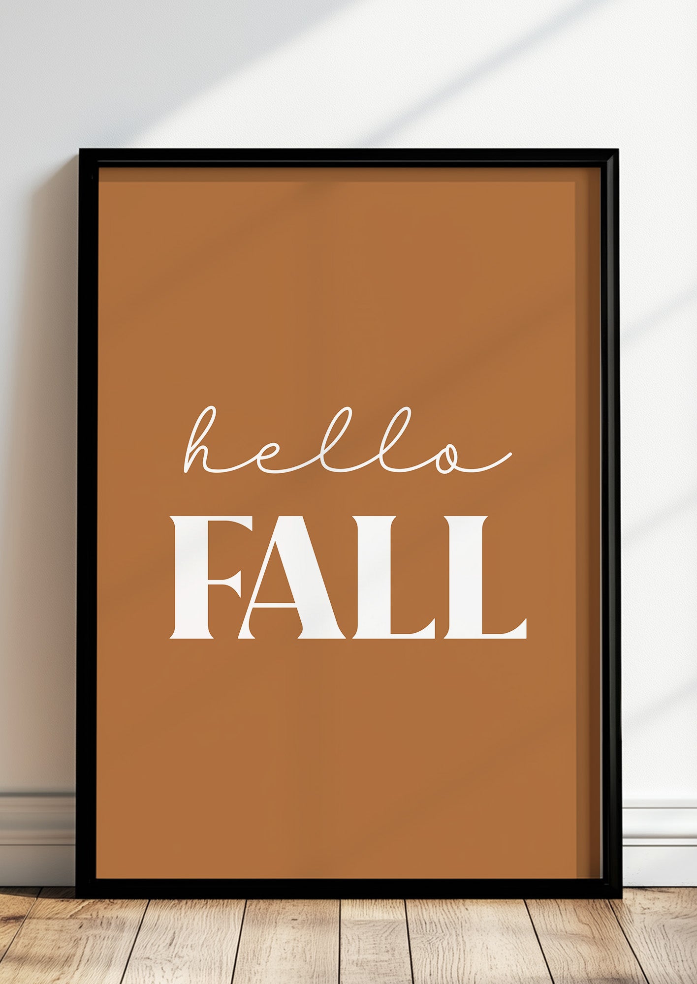 Poster Hello Fall im schwarzen Holzrahmen stehend