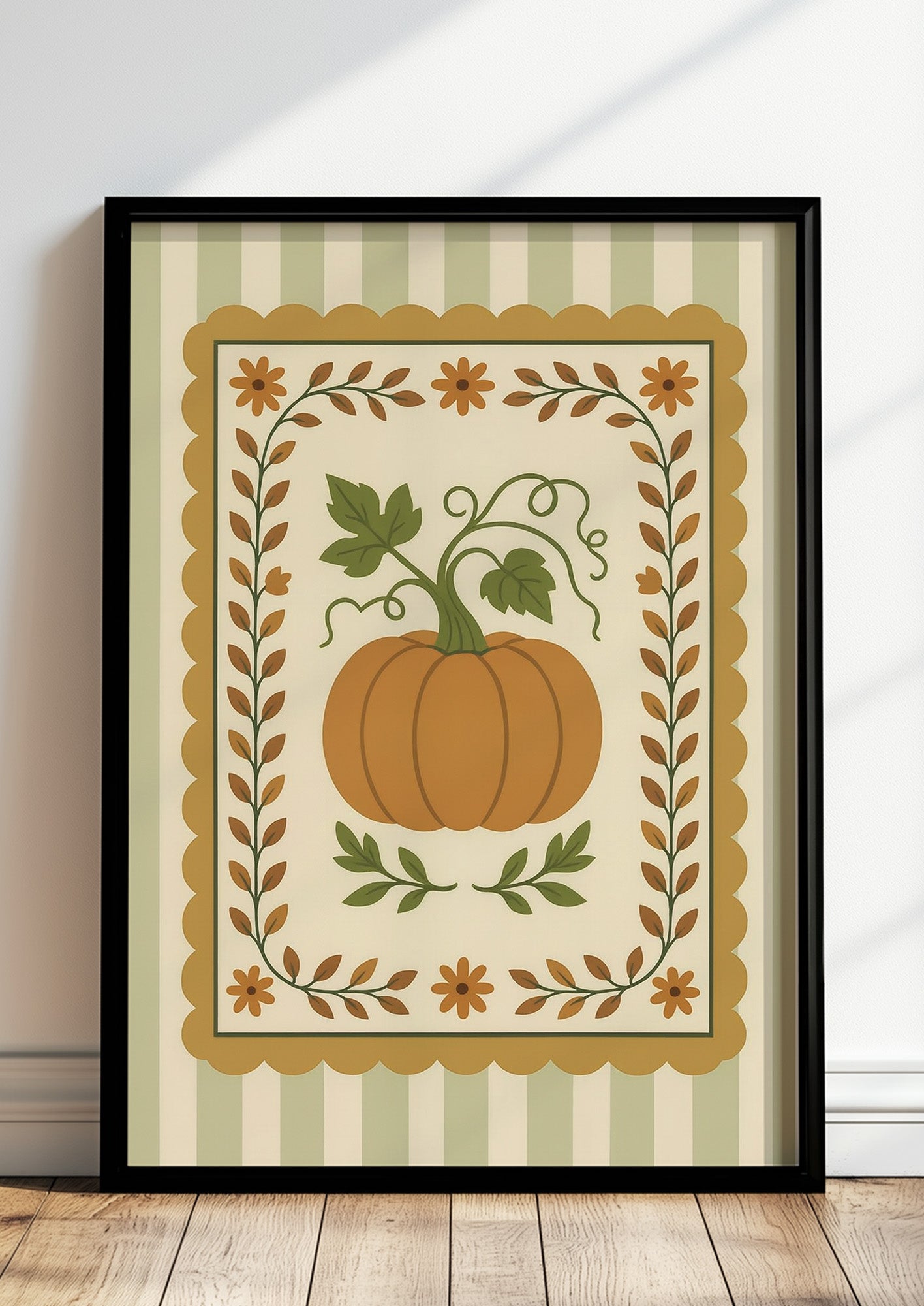 Poster Kürbis Ornament Illustration im schwarzen Holzrahmen stehend