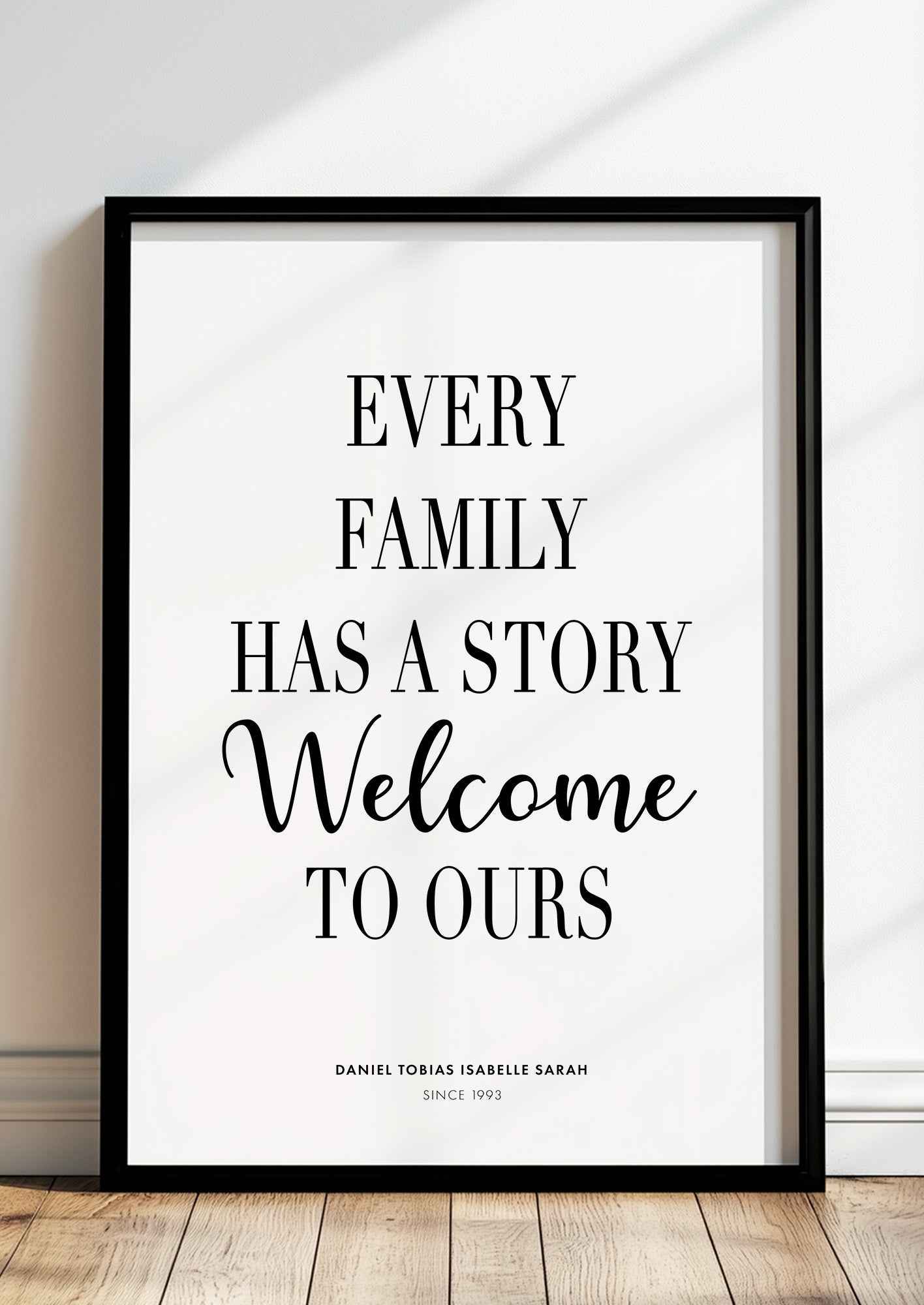 Poster Every Family Has A Story im schwarzen Rahmen stehend
