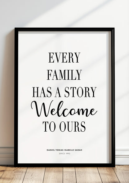 Poster Every Family Has A Story im schwarzen Rahmen stehend