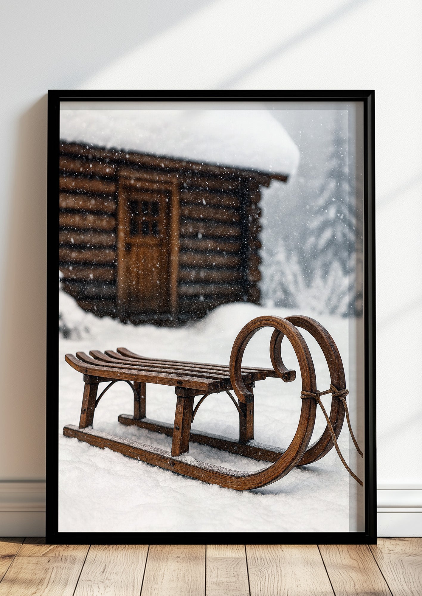 Poster Waldhütte mit Vintage Schlitten im Schnee im schwarzen Rahmen stehend