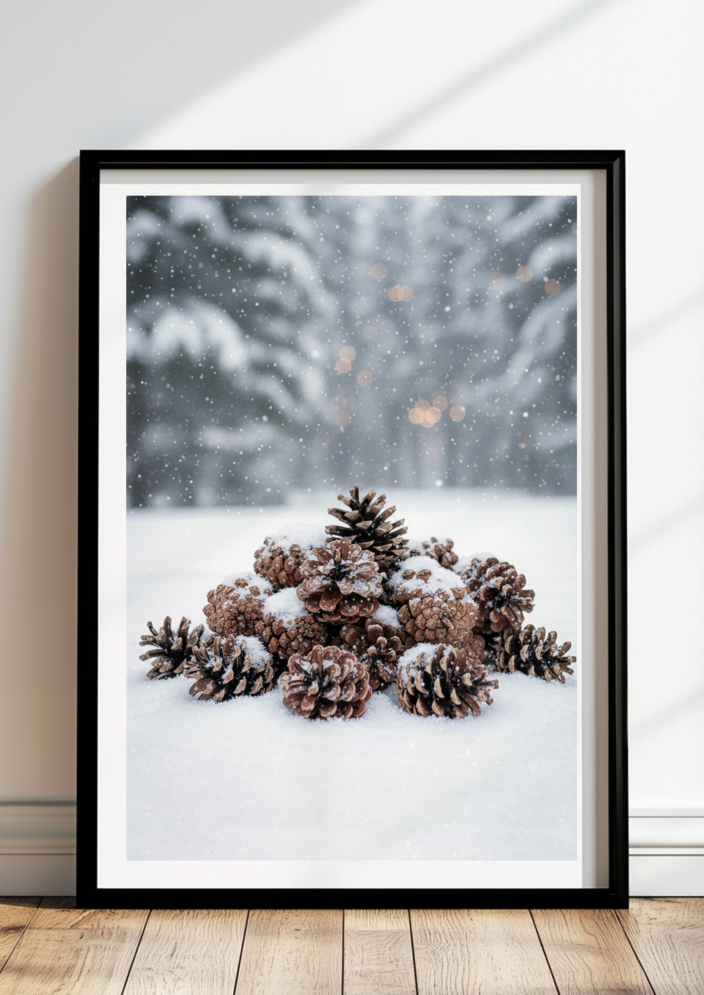 Poster Tannenzapfen im Schnee im schwarzen Rahmen stehend