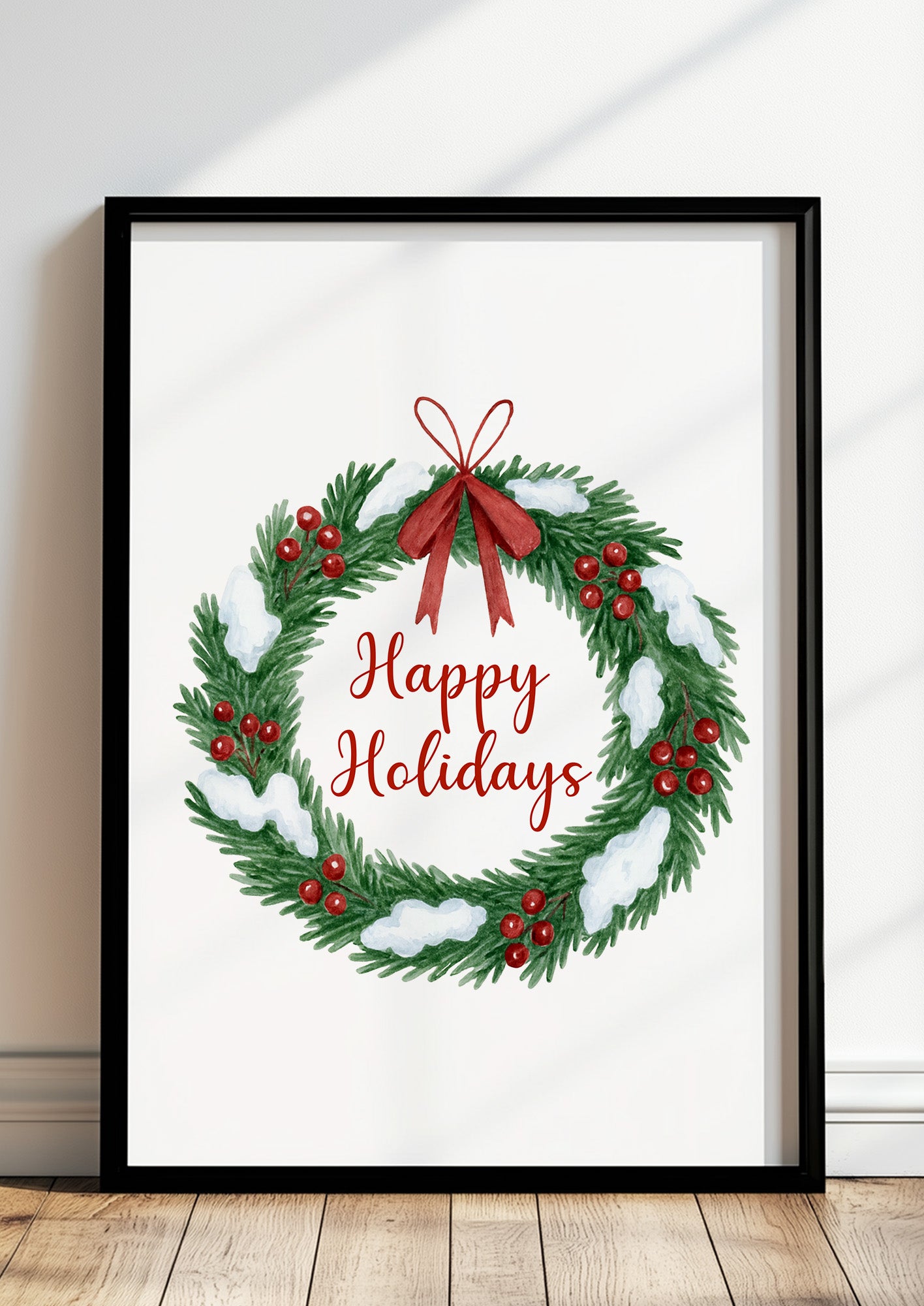 Poster Happy Holidays Weihnachtskranz Illustration im schwarzen Rahmen stehend