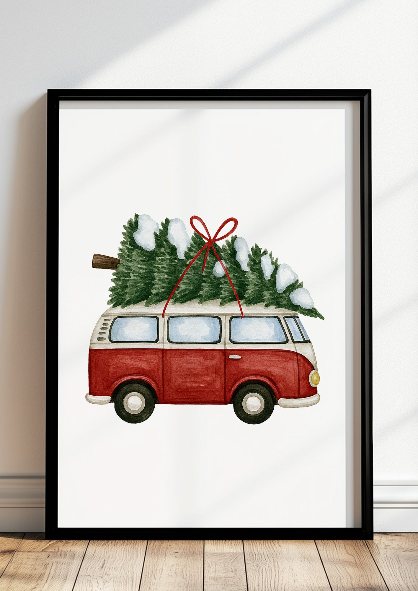 Poster Van mit Weihnachtsbaum Illustration im schwarzen Rahmen stehend