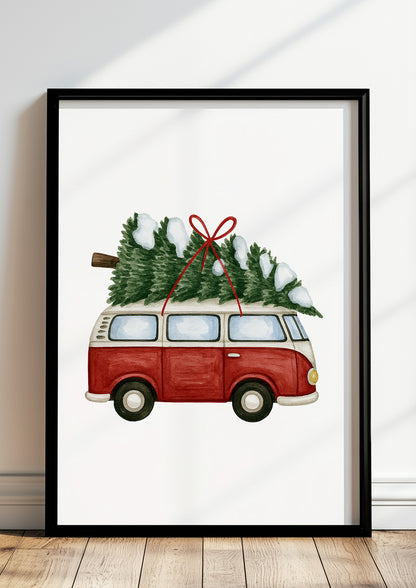 Poster Van mit Weihnachtsbaum Illustration im schwarzen Rahmen stehend
