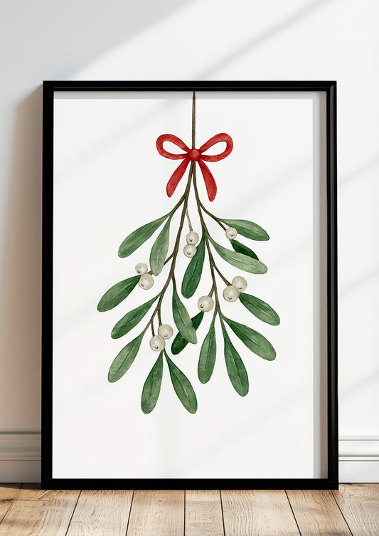 Poster Mistelzweig mit Schleife Illustration im schwarzen Rahmen stehend