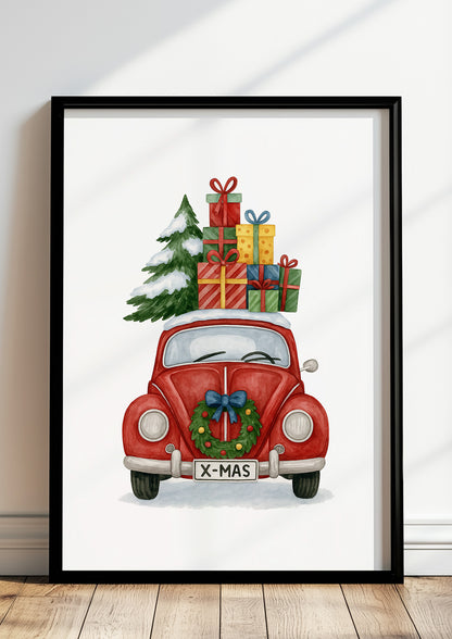 Poster XMAS Käfer mit Weihnachtsbaum, Kranz und Geschenken Illustration im schwarzen Rahmen stehend