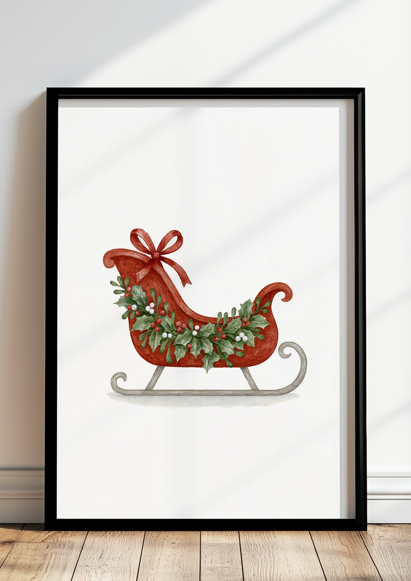 Poster Weihnachtsschlitten Illustration im schwarzen Rahmen stehend