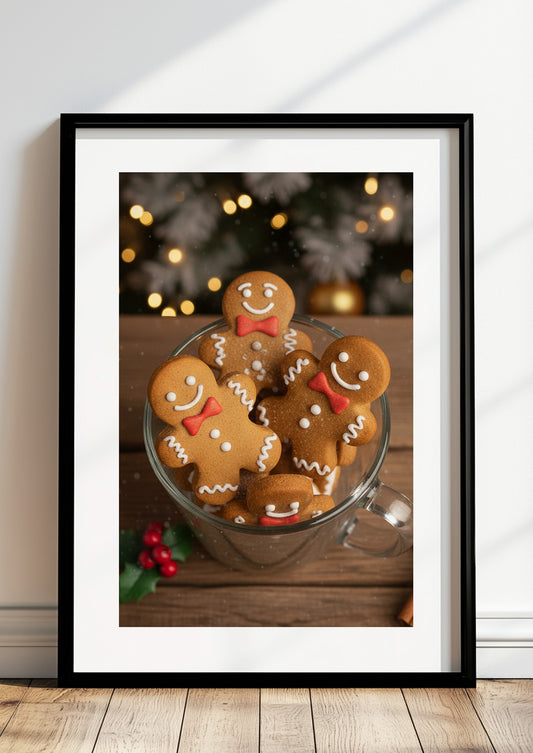 Poster Lebkuchen Männchen mit Weihnachtsdeko im schwarzen Rahmen stehend