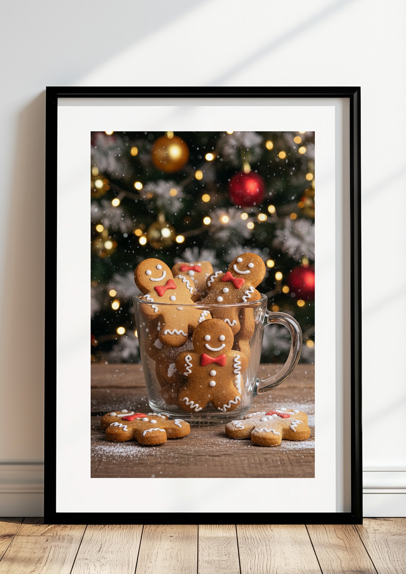 Poster Lebkuchen Männchen mit Weihnachtsdeko 2 im schwarzen Rahmen stehend