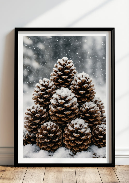 Poster Tannenzapfen im Schnee Closeup im schwarzen Rahmen stehend