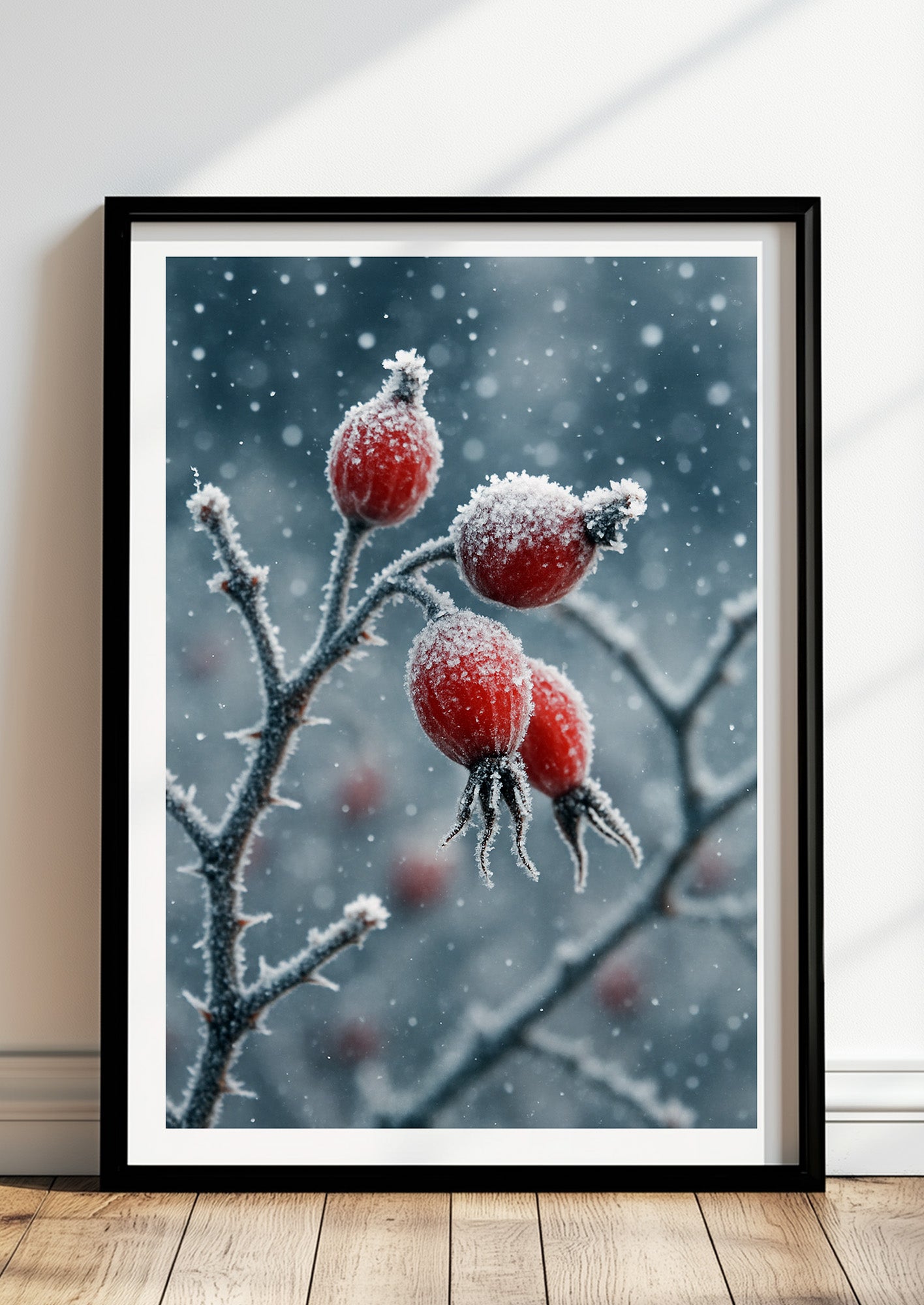 Poster Hagebutte Gefroren Closeup im schwarzen Rahmen stehend