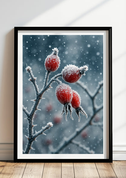 Poster Hagebutte Gefroren Closeup im schwarzen Rahmen stehend