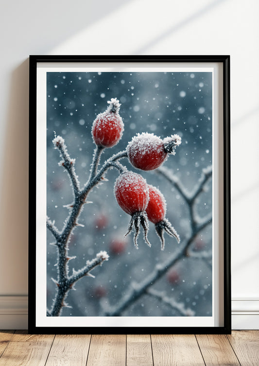 Poster Hagebutte Gefroren Closeup im schwarzen Rahmen stehend