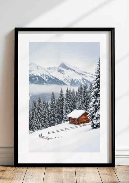 Poster Berghütte im Wald mit Schnee bedeckt im schwarzen Rahmen stehend