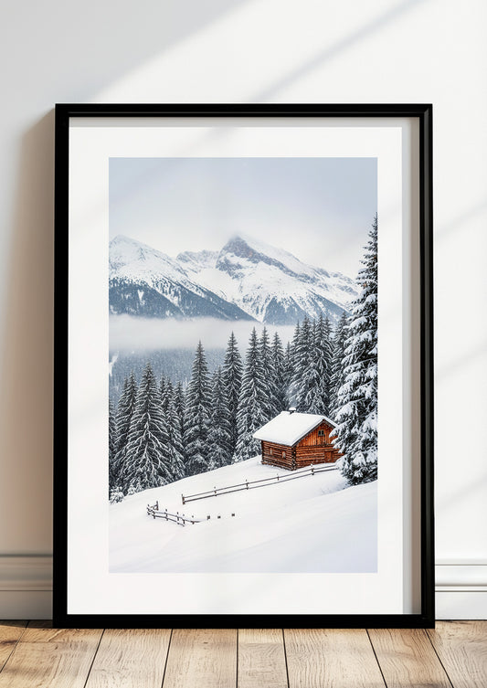 Poster Berghütte im Wald mit Schnee bedeckt im schwarzen Rahmen stehend