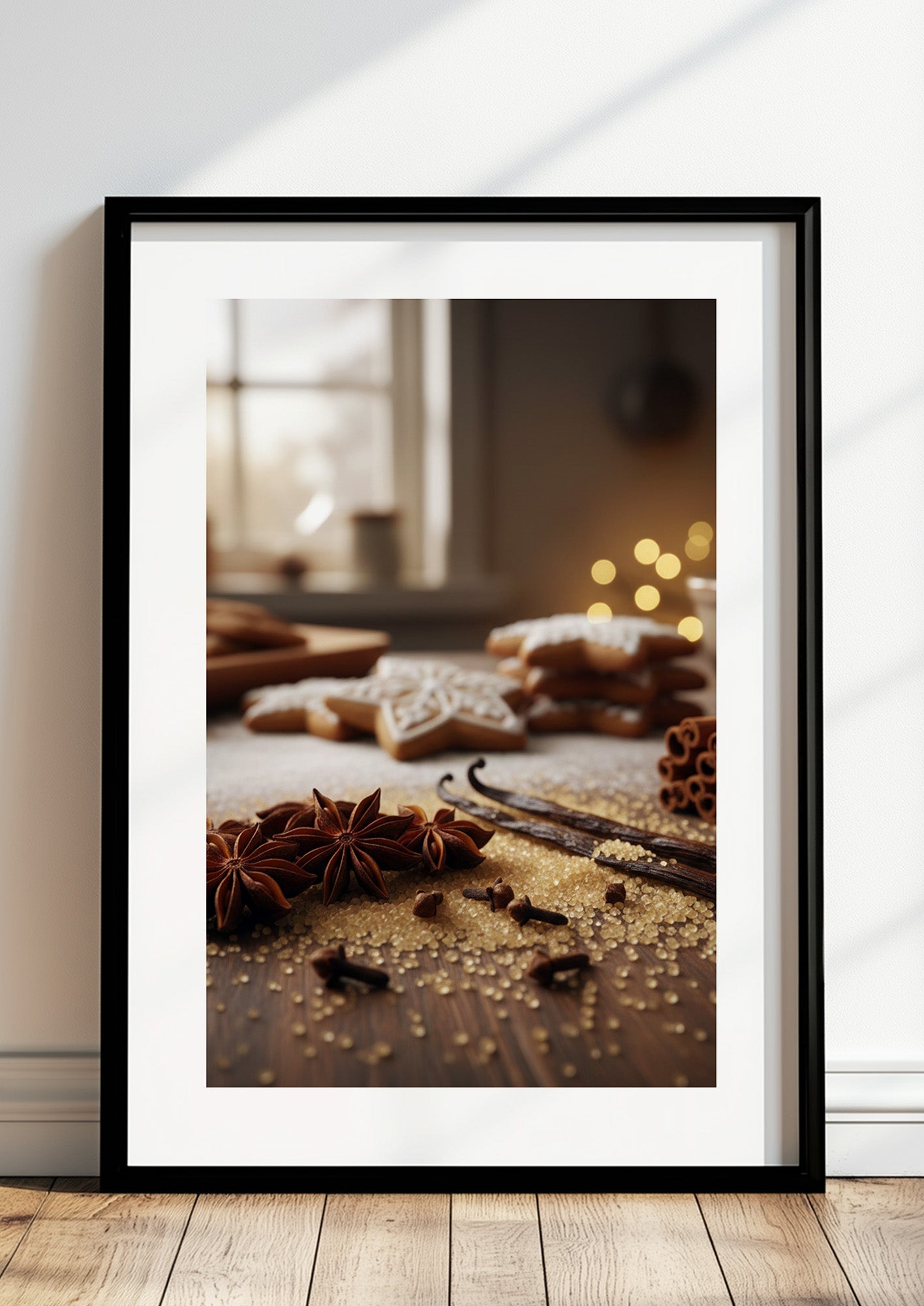 Poster Weihnachtstisch mit Gebäck im schwarzen Rahmen stehend