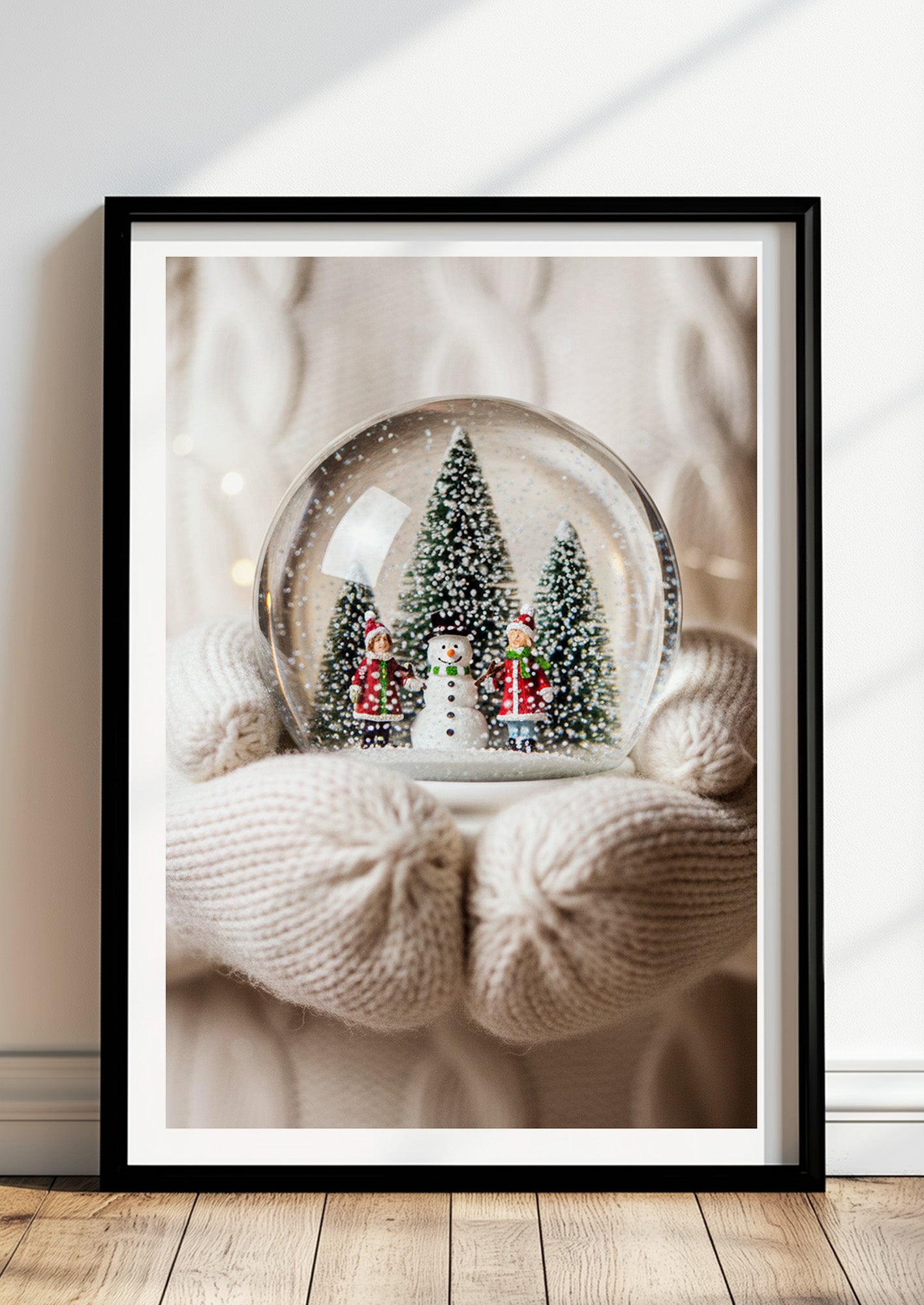 Poster Schneekugel im schwarzen Rahmen stehend