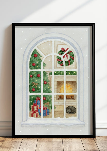 Poster Weihnachtsfenster Illustration im schwarzen Rahmen stehend