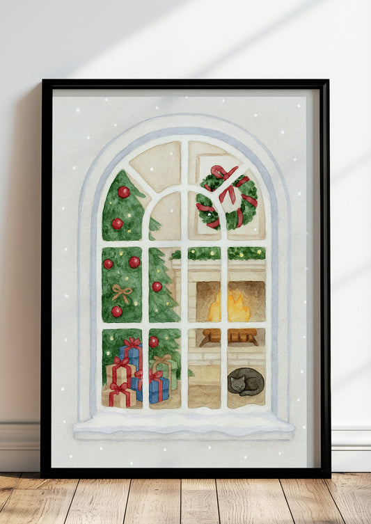 Poster Weihnachtsfenster Illustration im schwarzen Rahmen stehend