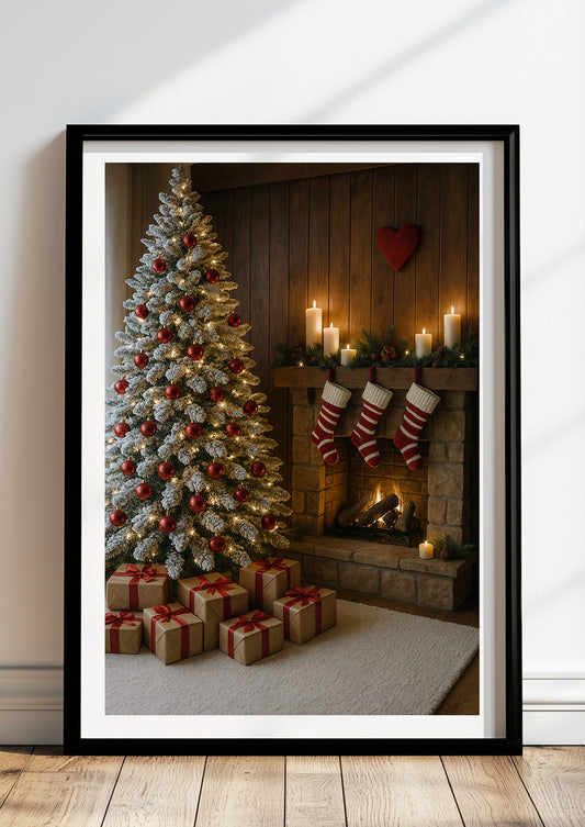 Poster Weihnachtsbaum mit Geschenken im schwarzen Rahmen stehend