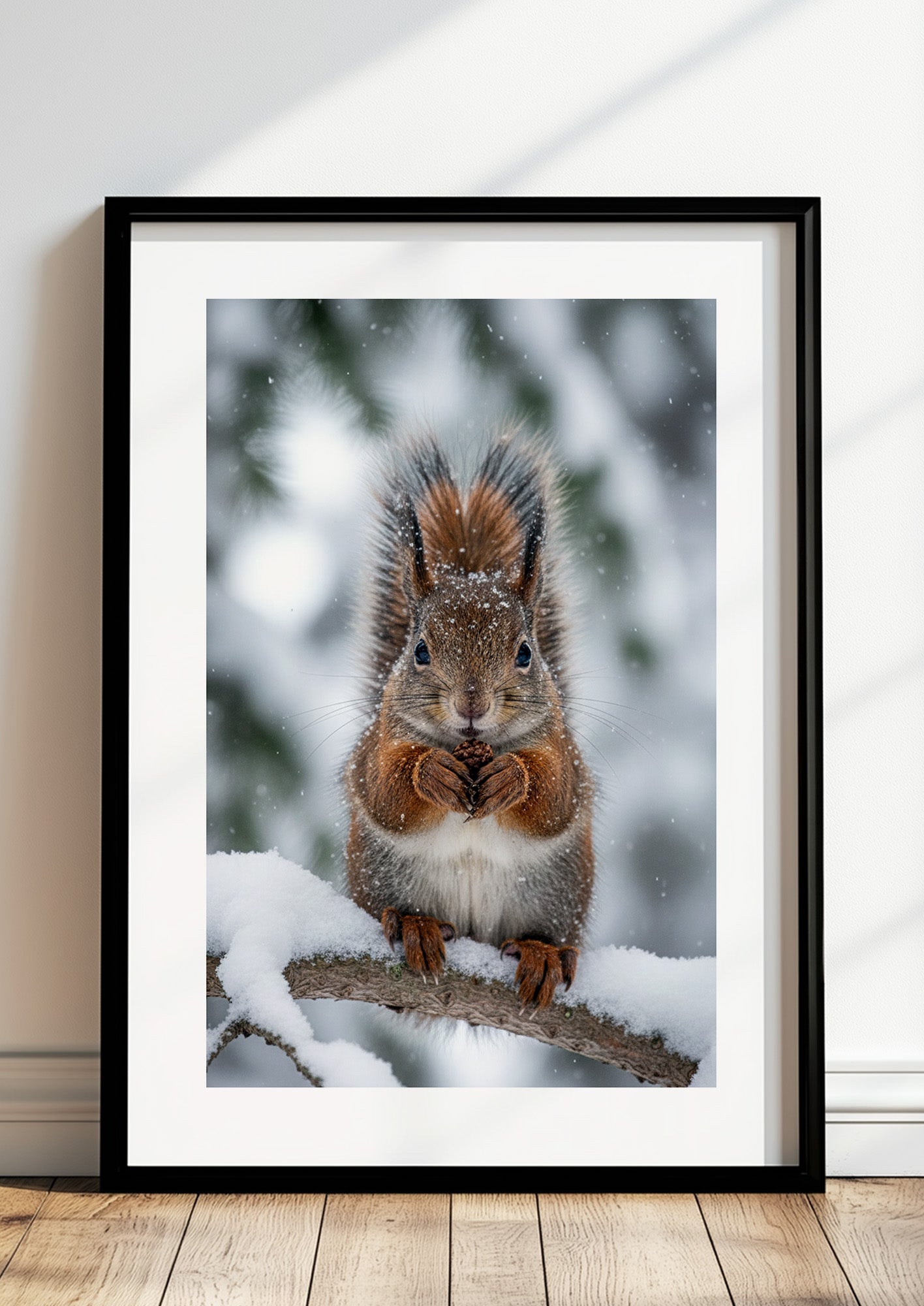 Poster Eichhörnchen im Schnee im schwarzen Rahmen stehend